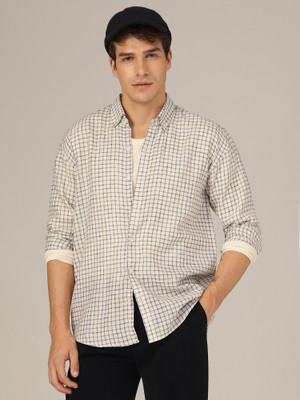 DENNISON Men Checkered Casual Cream Shirt
