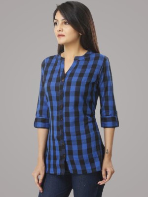 FABISHO Women Checkered Casual Dark Blue Shirt