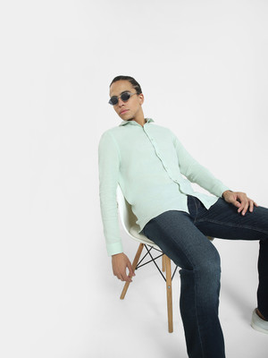 JACK & JONES Men Self Design Casual Light Blue Shirt