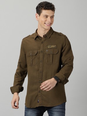 VUDU Men Self Design Casual Brown Shirt