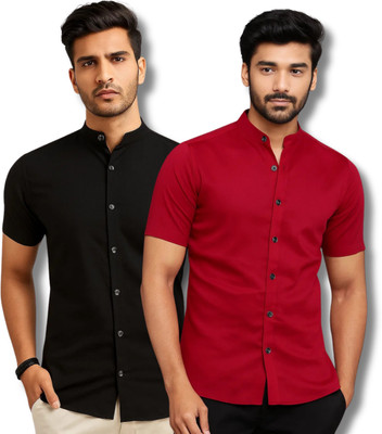 GOD HEART Men Solid Casual Black, Maroon Shirt(Pack of 2)