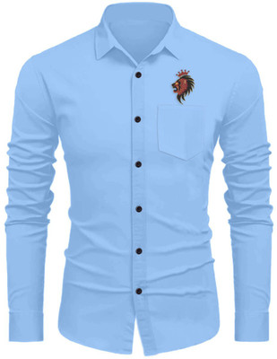 Sanskruti Men Embroidered, Solid Casual Blue Shirt