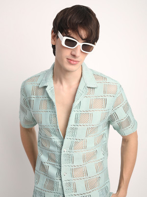 Voroxy Men Self Design Casual Green Shirt