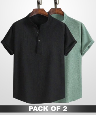 WUXI Men Solid Casual Light Green, Black Shirt(Pack of 2)