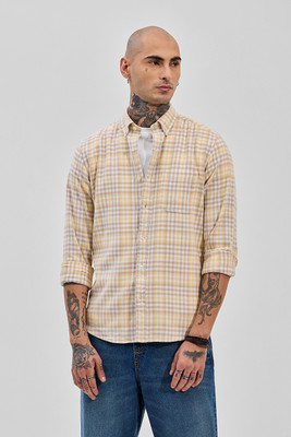 Snitch Men Checkered Casual Beige Shirt