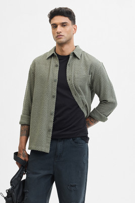 Snitch Men Self Design Casual Green Shirt