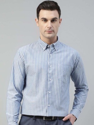 Hancock Men Striped Formal White, Blue Shirt