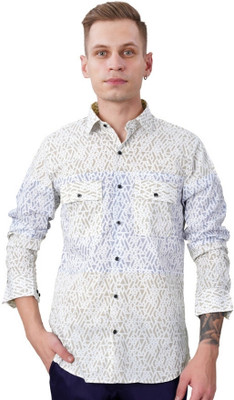HOC Men Printed Casual White, Light Blue Shirt