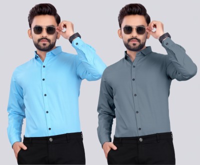 S.K. CASUAL Men Solid Casual Light Blue, Grey Shirt(Pack of 2)