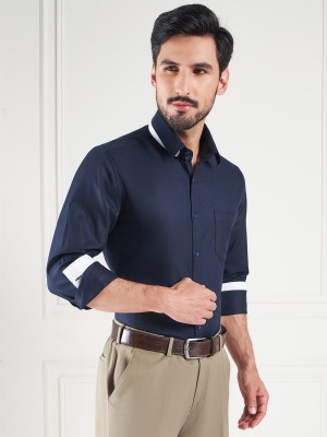 LOUIS STITCH Men Self Design Formal Dark Blue Shirt