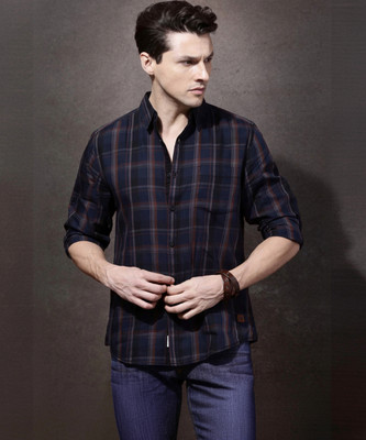 Roadster Men Checkered Casual Dark Blue Shirt