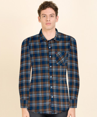 PLOTAH Men Checkered Casual Dark Blue, Brown, White Shirt