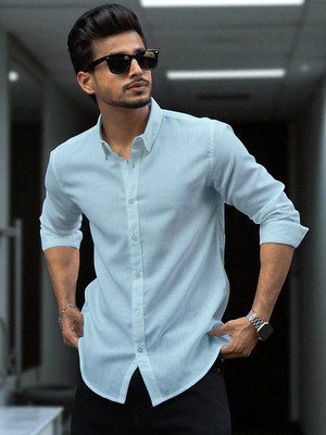 Yanthhi Men Solid Casual Light Blue Shirt