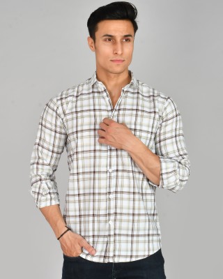 LABNO Men Checkered Casual White Shirt