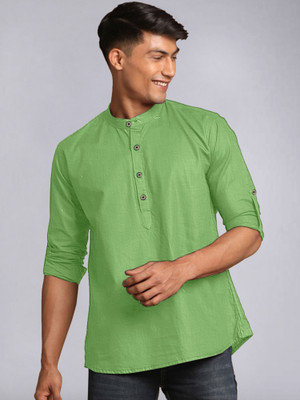 allan peter Men Solid Straight Kurta(Green)