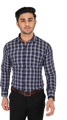 Marc Laurent Men Checkered Casual Dark Blue, White Shirt