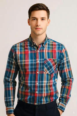 HouseOfCommon Men Checkered Casual Blue, Black Shirt