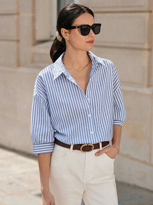 DL Fashion Women Striped Casual Light Blue Shirt