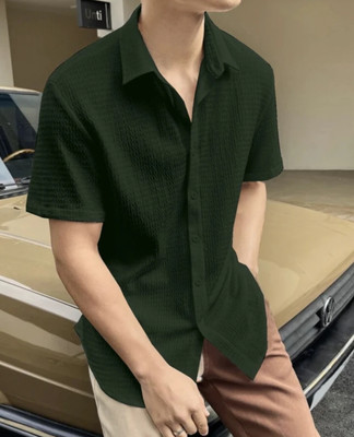 Radiance Creation Men Self Design Casual Dark Green Shirt