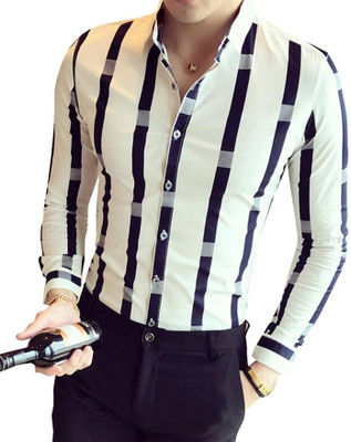 nobel fab Men Striped Casual White Shirt