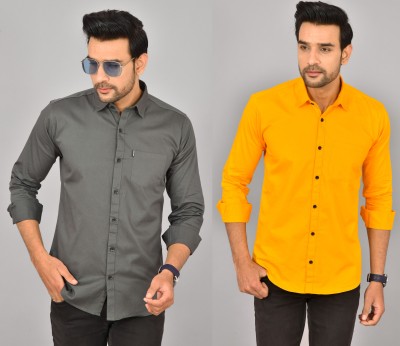 HEMS Men Solid Casual Yellow, Grey Shirt(Pack of 2)