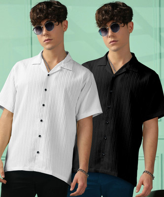 Looksky Men Self Design Casual Black, White Shirt(Pack of 2)