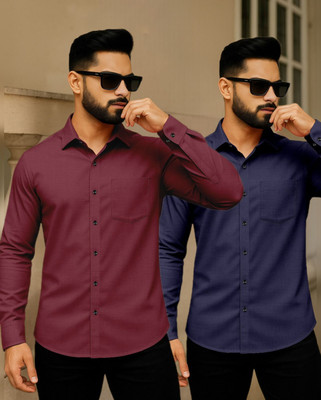 AITAVIKOVERSEAS Men Solid Casual Maroon, Dark Blue Shirt(Pack of 2)