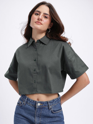 Glitchez Women Solid Casual Green Shirt