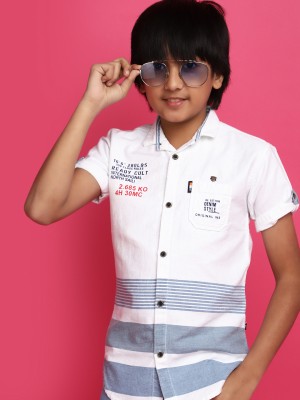 V-MART Boys Printed Casual White, Light Blue Shirt