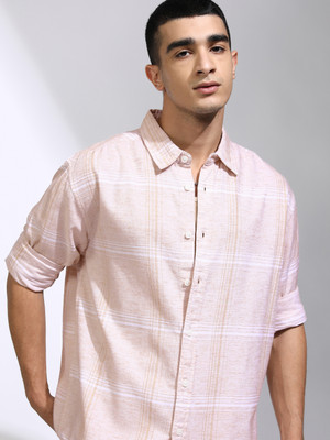 HIGHLANDER Men Checkered Casual Beige Shirt