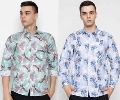 FREKMAN Men Floral Print Casual Green, Blue Shirt(Pack of 2)