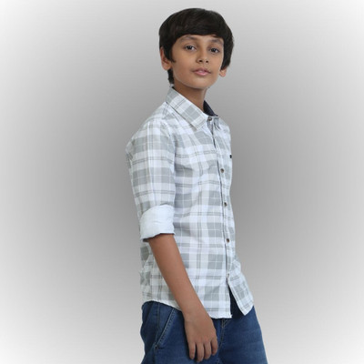 ROCKET SCIENCE Boys Checkered Casual Grey Shirt