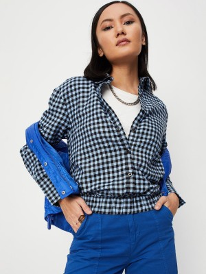 MAX Women Checkered Casual Blue Shirt