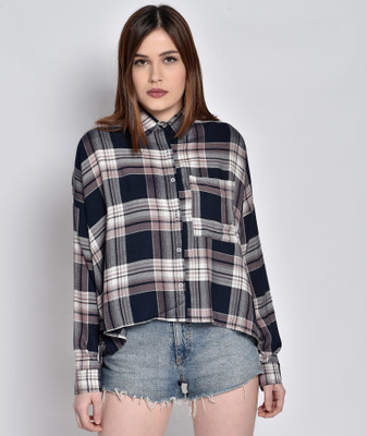 Chimpaaanzee Women Checkered Casual Dark Blue Shirt