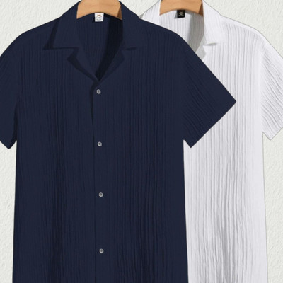 Looksky Men Self Design Casual Dark Blue, White Shirt(Pack of 2)