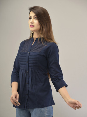 IQRAAR Women Self Design Casual Dark Blue Shirt