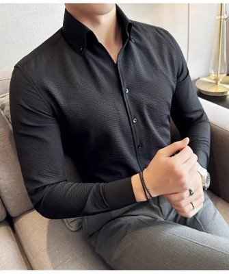 Fashionable Village Men Self Design Casual Black Shirt