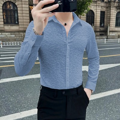 HK Fashionst Men Self Design Casual Blue Shirt