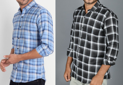 Dark Age Men Checkered Casual Light Blue, Black Shirt(Pack of 2)
