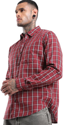 WROGN Men Checkered Casual Maroon Shirt