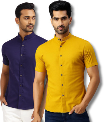 ModeNex Men Solid Casual Dark Blue, Yellow Shirt(Pack of 2)
