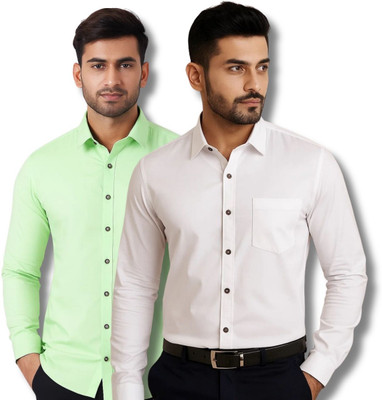 EchoWear Men Solid Casual Light Green, White Shirt(Pack of 2)