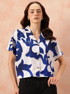 all about you Women Printed Casual Blue, White Shirt