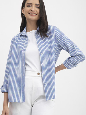 Fable Street Women Striped Casual Light Blue, White Shirt