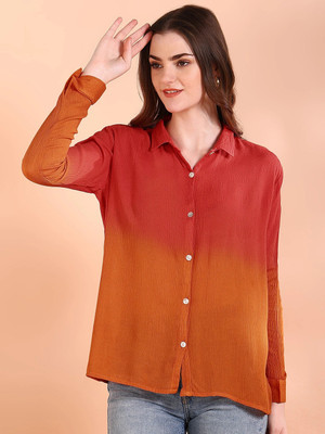 METRONAUT Women Dyed/Ombre Casual Red, Orange Shirt