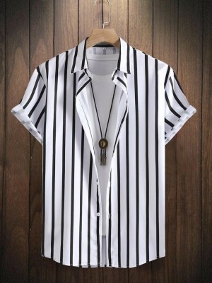 GANGAUR CREATION Men Striped Casual White, Black Shirt