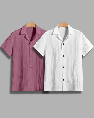 House of Vinay Men Self Design Casual Pink, White Shirt(Pack of 2)