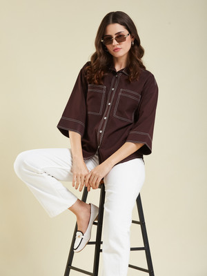 Pearlize Women Solid Casual Brown Shirt