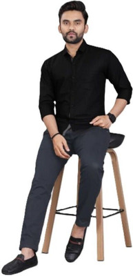 HOT BLACK Men Solid Casual Black Shirt