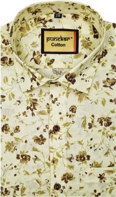 Punekar Cotton Men Floral Print Casual Yellow Shirt